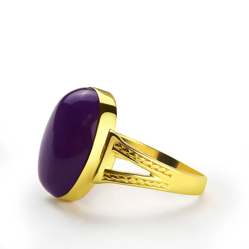 10k Yellow Gold Men's Ring with Purple Agate Natural Stone