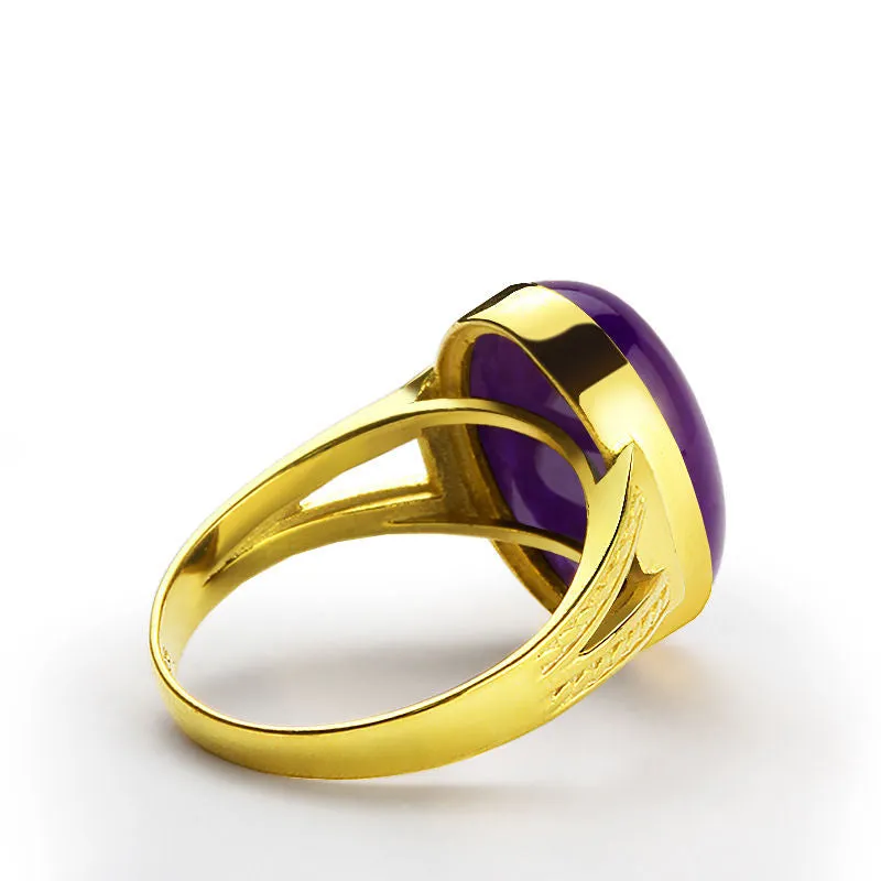 10k Yellow Gold Men's Ring with Purple Agate Natural Stone