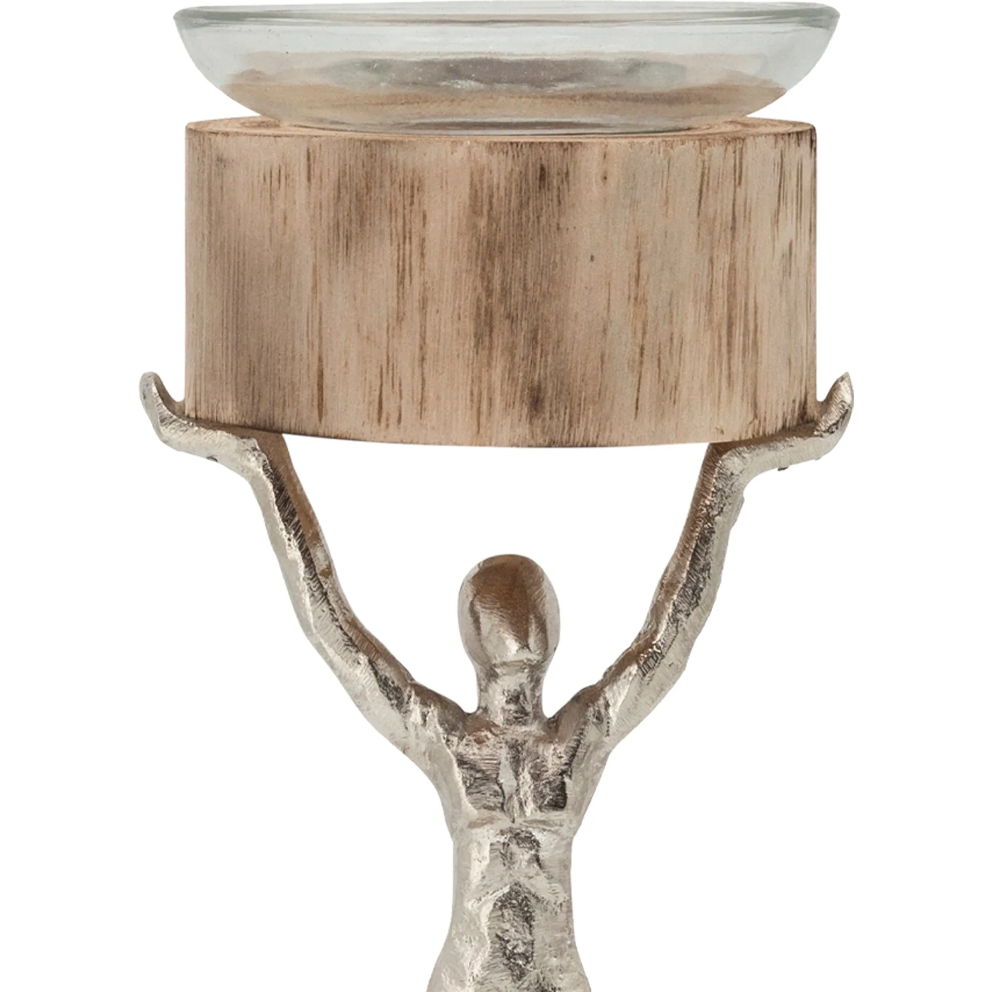 14 Inch Wooden Standing Man Candle Holder, Brown And Silver By Benzara