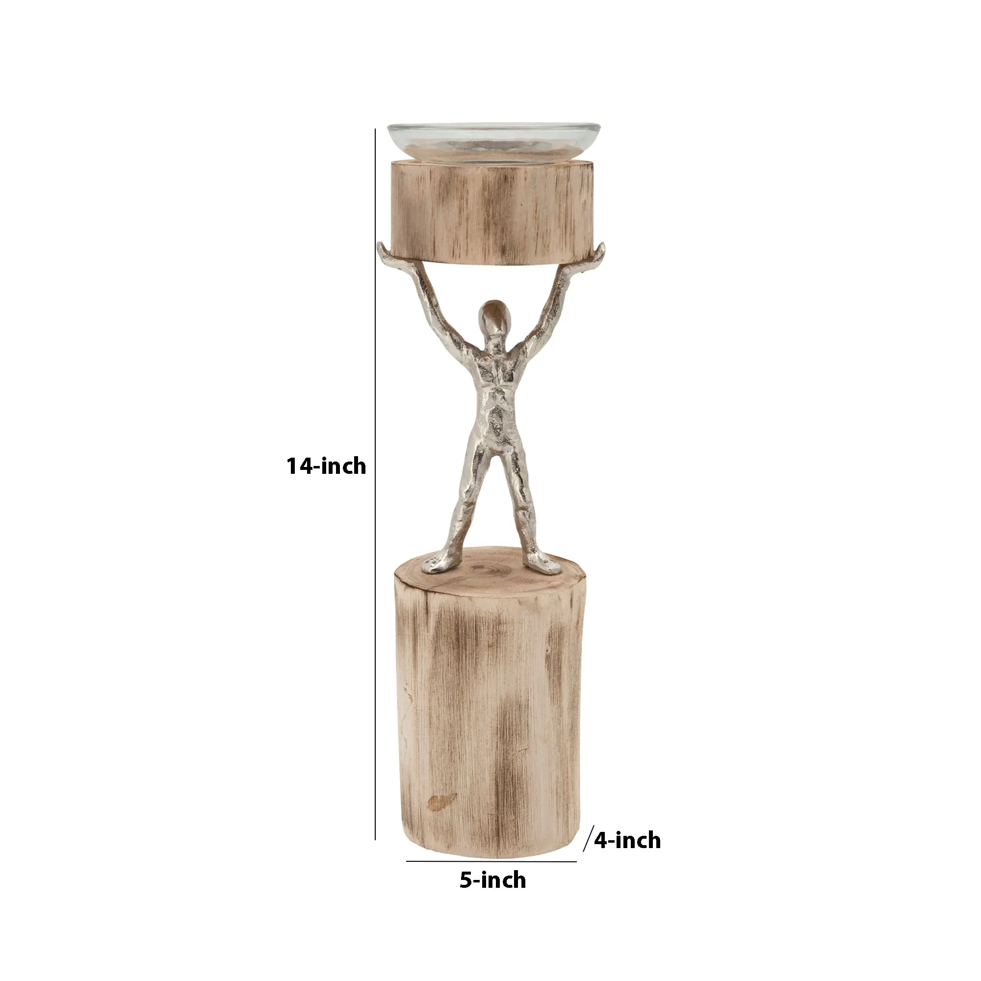 14 Inch Wooden Standing Man Candle Holder, Brown And Silver By Benzara