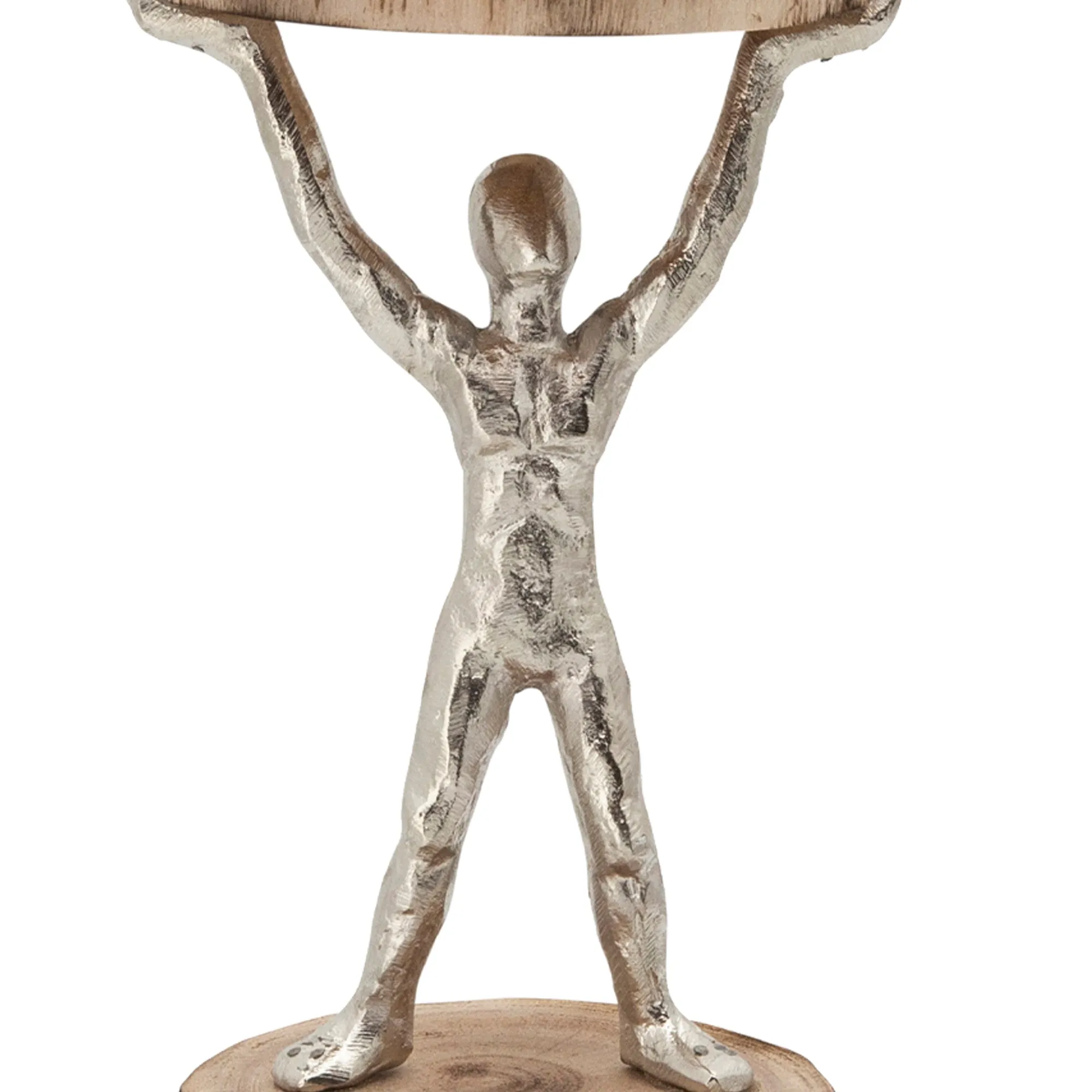 14 Inch Wooden Standing Man Candle Holder, Brown And Silver By Benzara