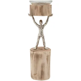 14 Inch Wooden Standing Man Candle Holder, Brown And Silver By Benzara