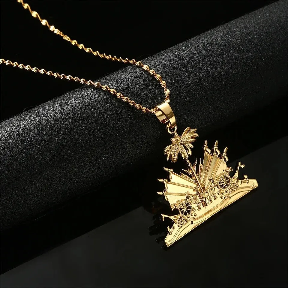 18K Gold-Plated Haiti Symbol Emblem Necklace - Unique I Love Haiti Charmed Jewelry Gift for Men and Women