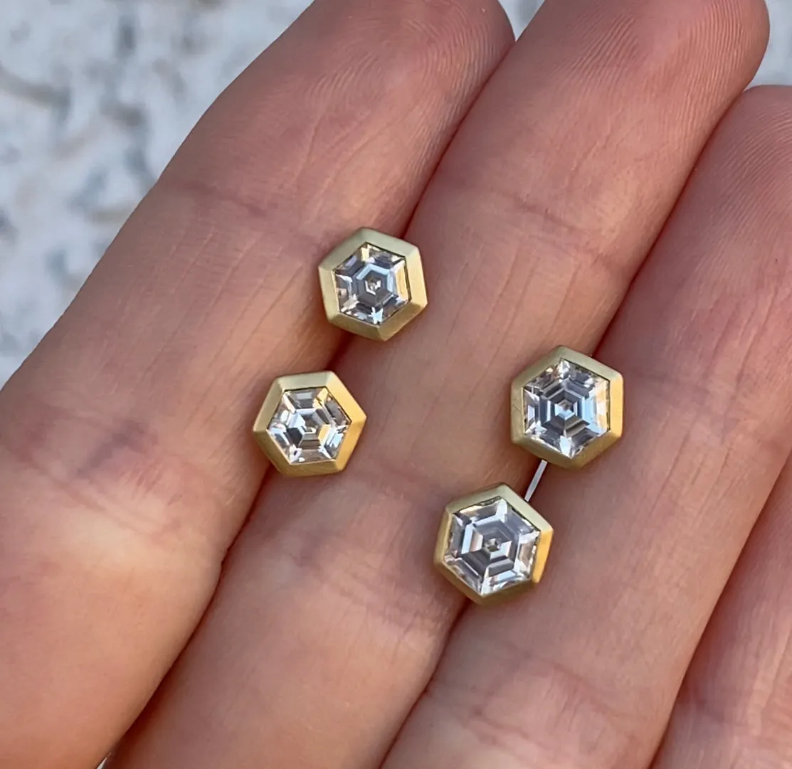 18k Yellow Bezel Set Hexagon White Zircon Stud Earrings