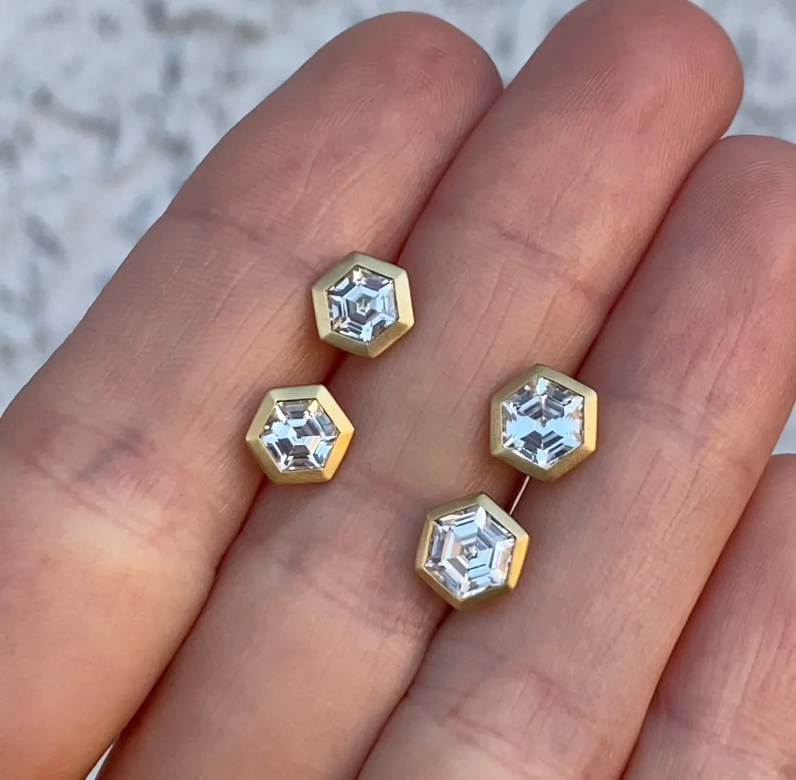 18k Yellow Bezel Set Hexagon White Zircon Stud Earrings