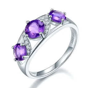 3 Stones Natural African Amethyst Ring - 925 Sterling Silver