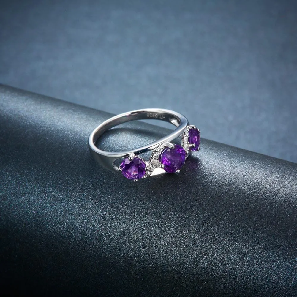 3 Stones Natural African Amethyst Ring - 925 Sterling Silver