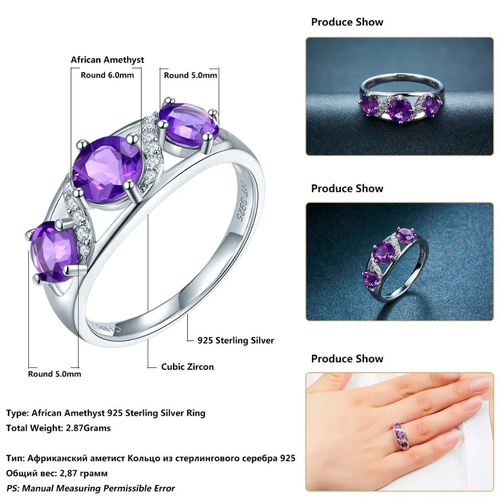 3 Stones Natural African Amethyst Ring - 925 Sterling Silver