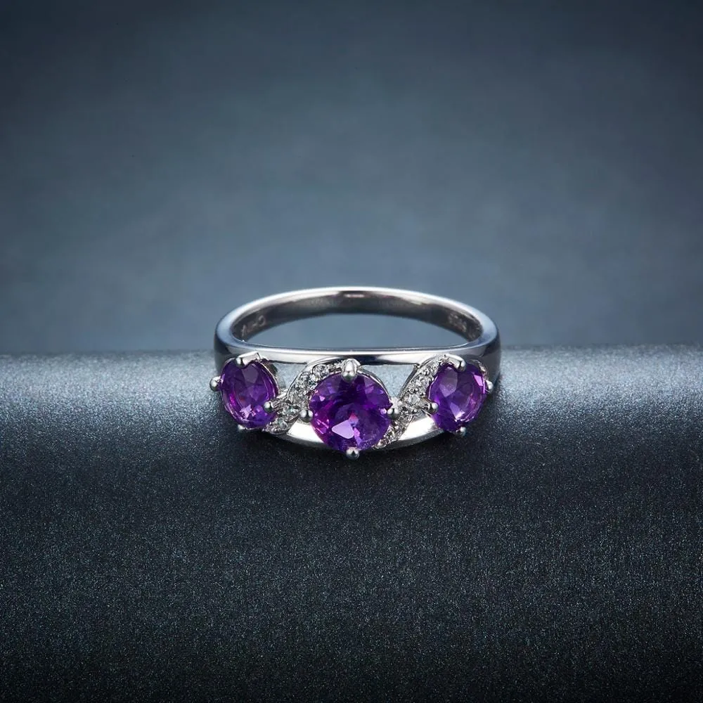 3 Stones Natural African Amethyst Ring - 925 Sterling Silver