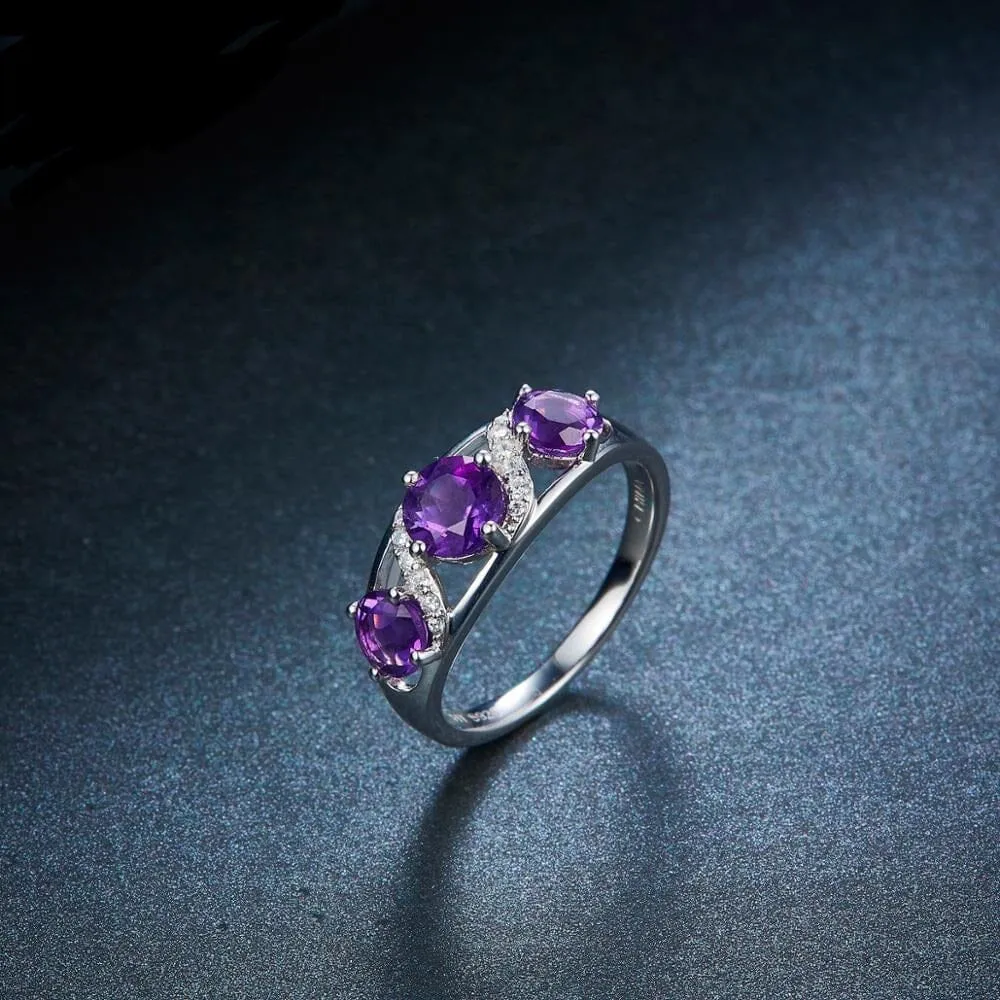 3 Stones Natural African Amethyst Ring - 925 Sterling Silver