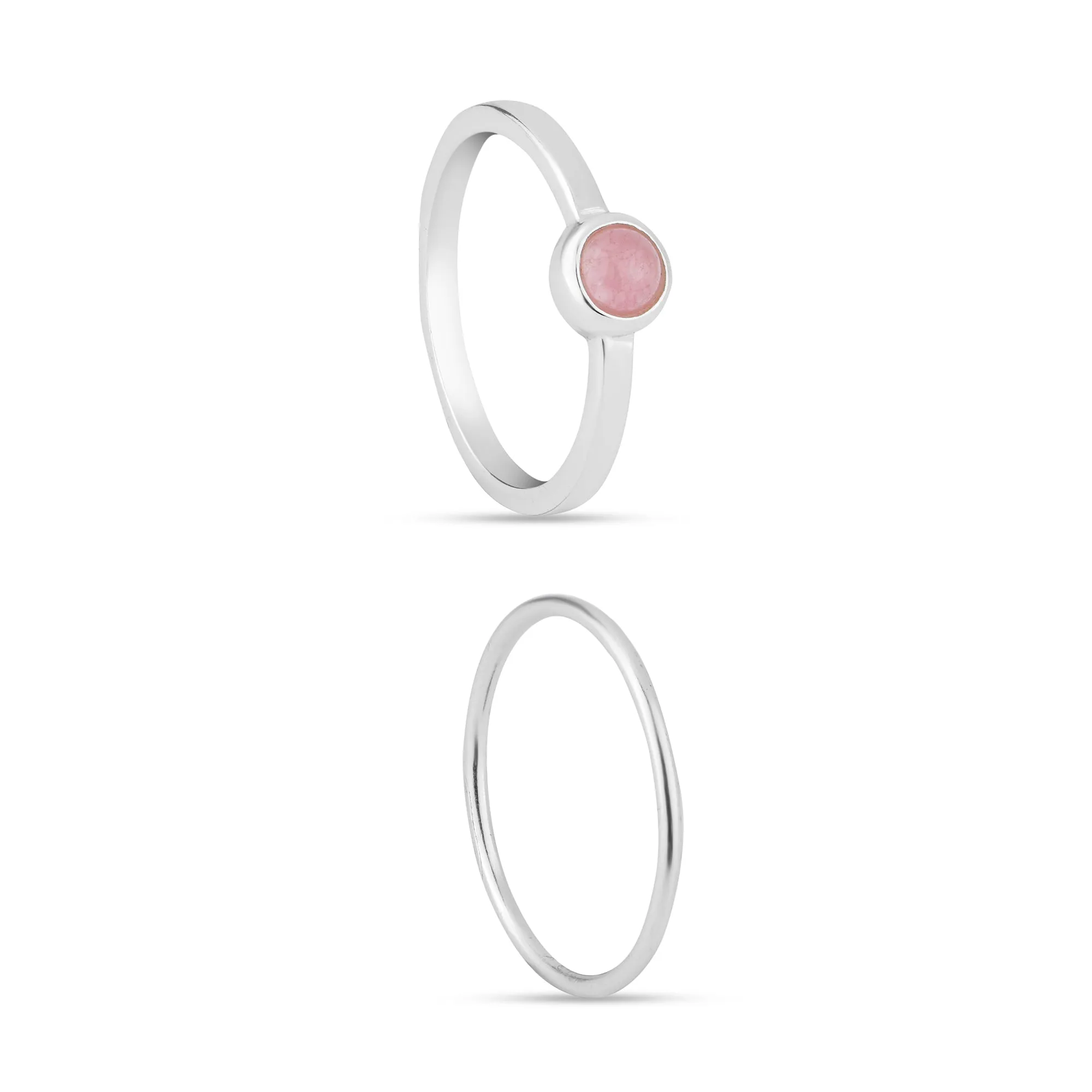 925 Recycled Sterling Silver Rose Quartz Rings Set Of Two Pink-Medium