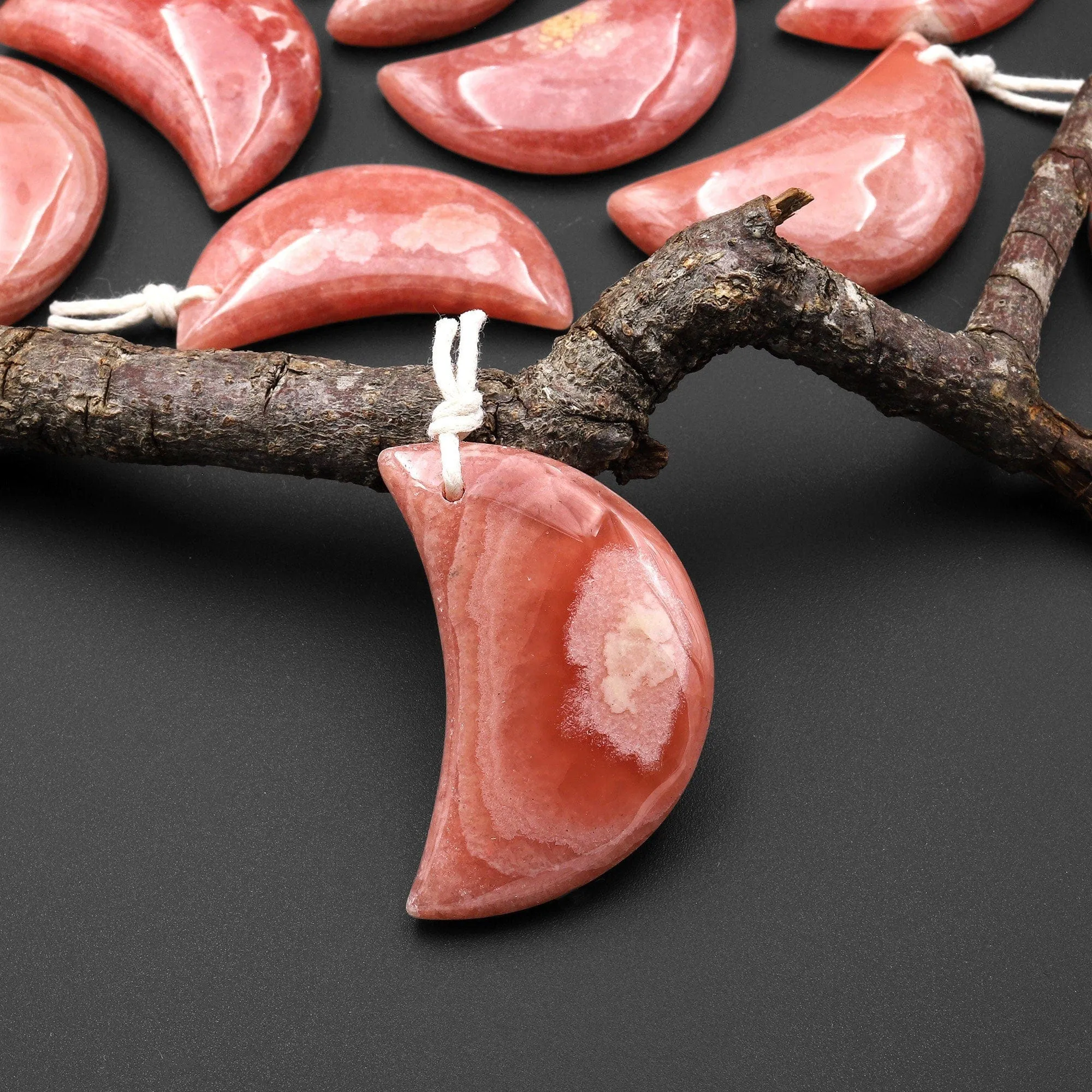 AAA Gemmy Natural Pink Red Rhodochrosite Crescent Moon Gemstone Pendant