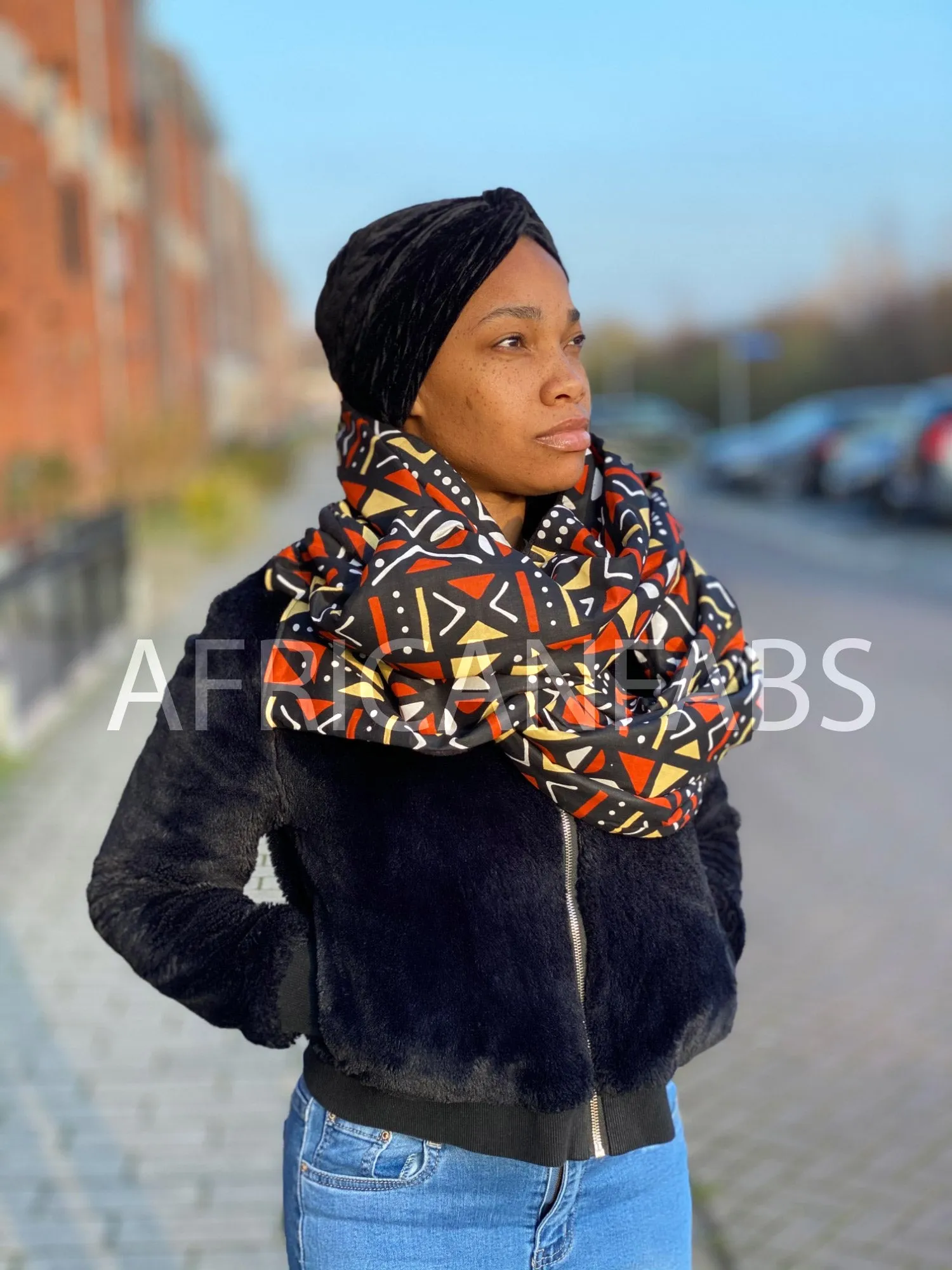 African print Winter scarf for Adults Unisex - Brown / Orange / Beige mud cloth / bogolan