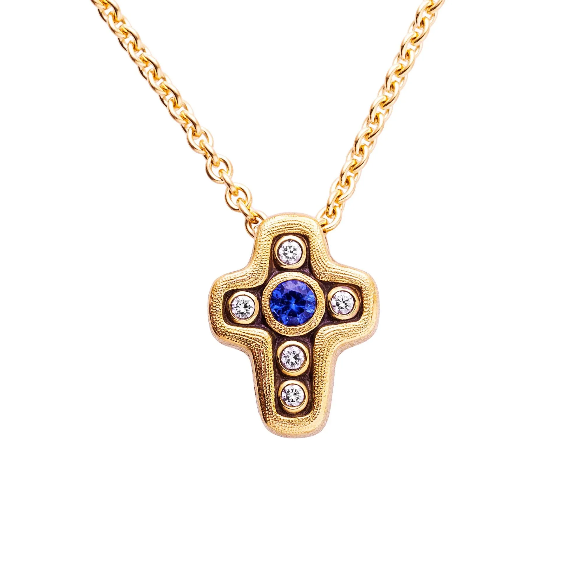 ALEX SEPKUS 18K YELLOW GOLD SAPPHIRE AND DIAMOND CROSS PENDANT NECKLACE