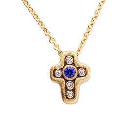 ALEX SEPKUS 18K YELLOW GOLD SAPPHIRE AND DIAMOND CROSS PENDANT NECKLACE