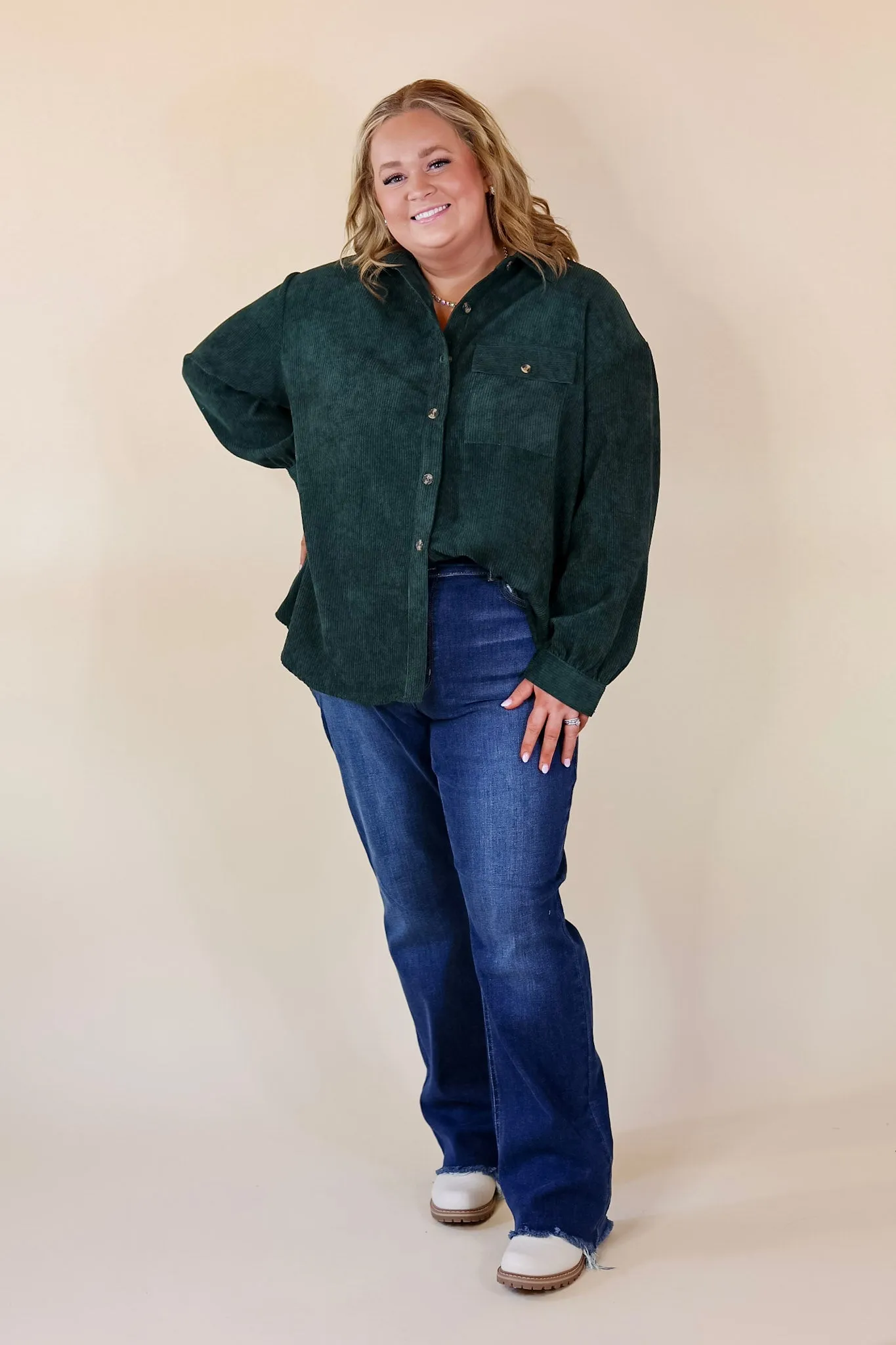 All Dolled Up Button Up Corduroy Shacket in Forest Green