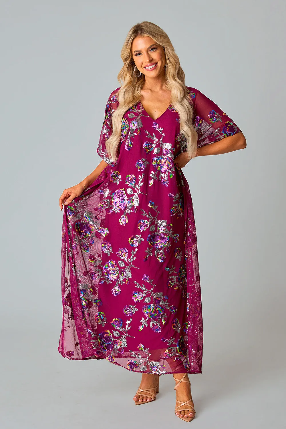 Atlas Sequin Caftan Maxi Dress - Red Sangria