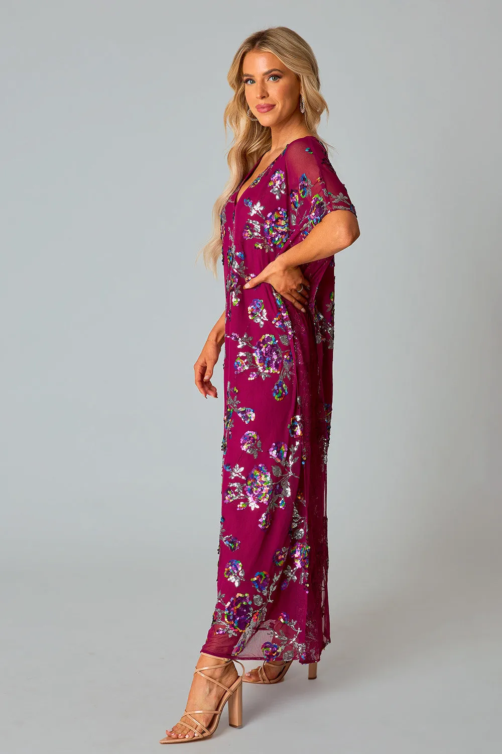 Atlas Sequin Caftan Maxi Dress - Red Sangria