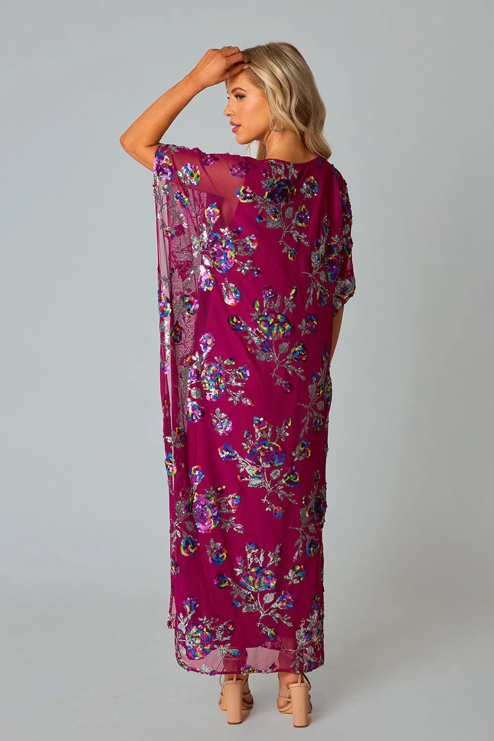 Atlas Sequin Caftan Maxi Dress - Red Sangria