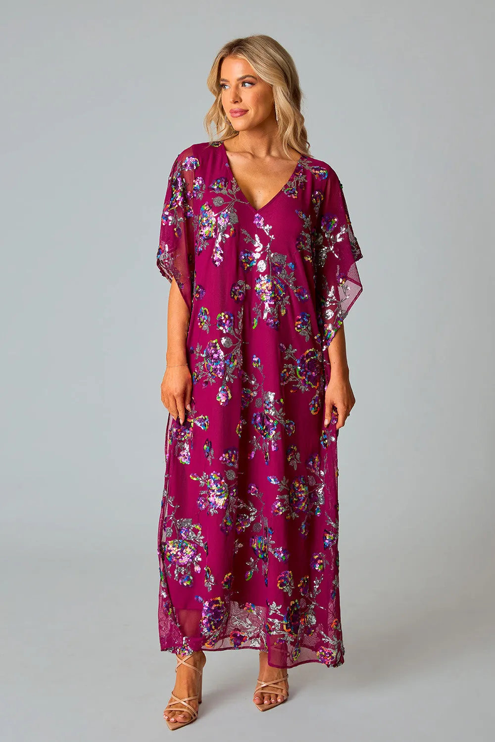 Atlas Sequin Caftan Maxi Dress - Red Sangria