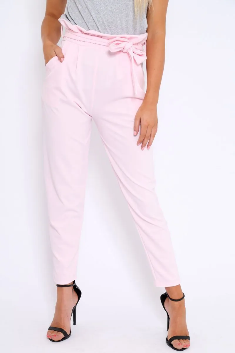 Baby Pink Paper Bag Tie Waist Cigarette Trousers - Karmen