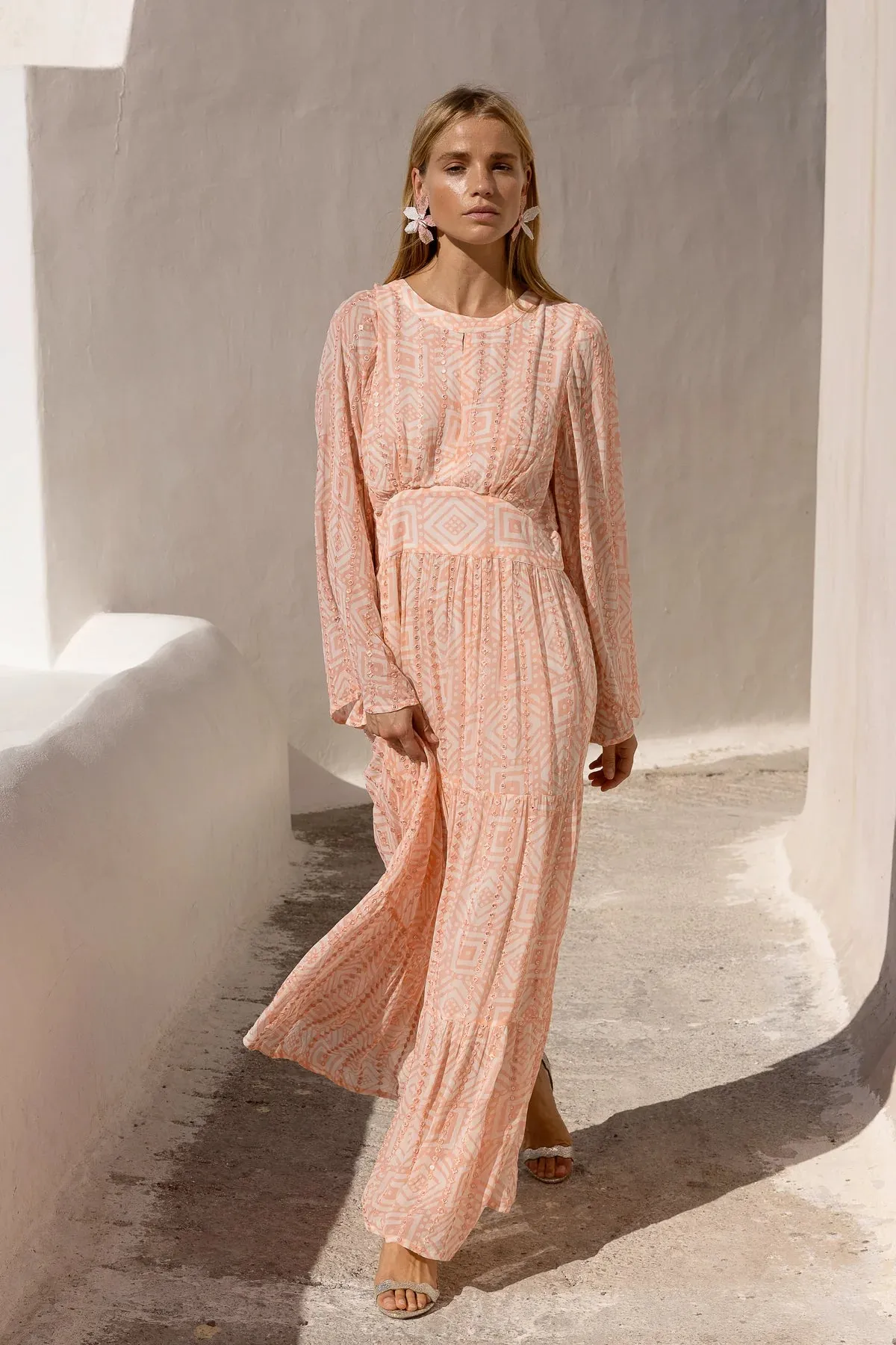 Bali Pink Bell Sleeve Balloon Waisted Maxi Dress