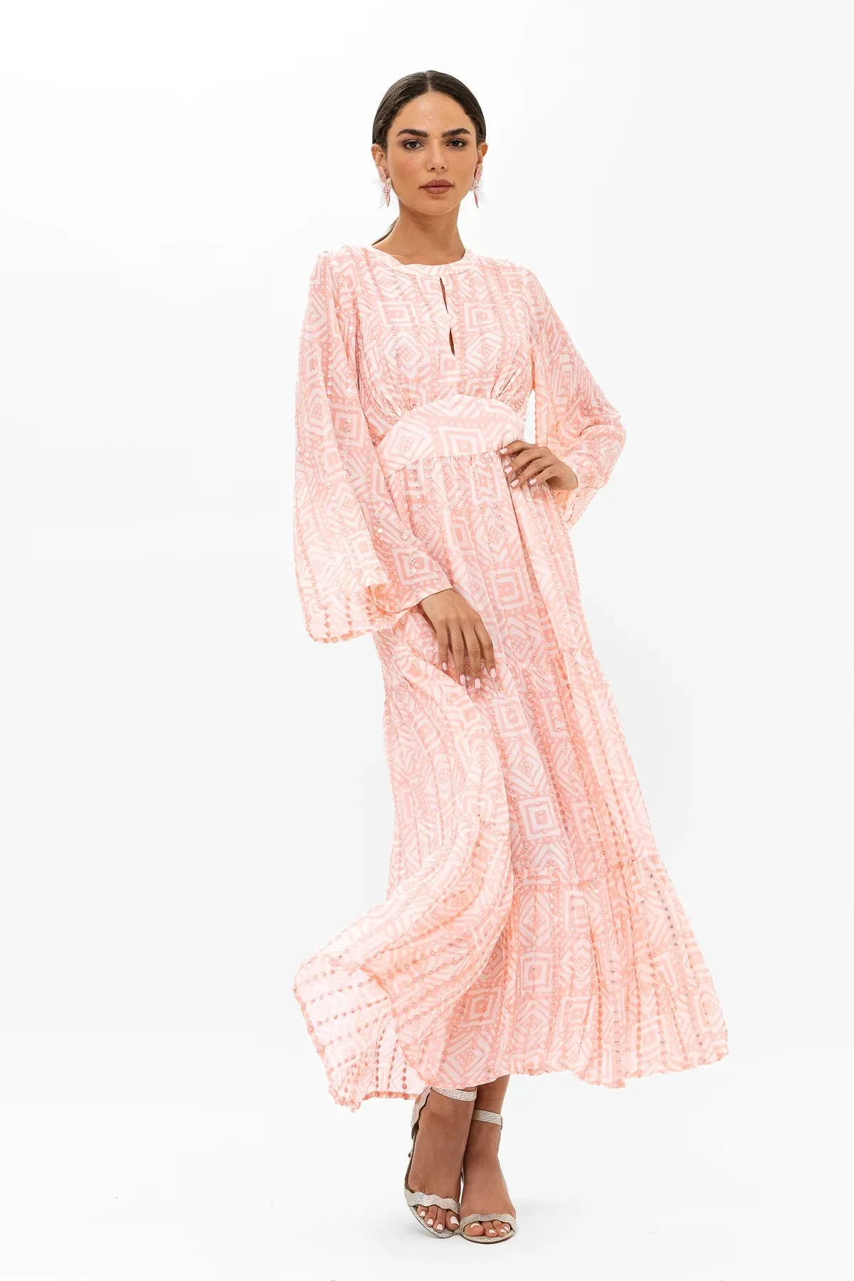 Bali Pink Bell Sleeve Balloon Waisted Maxi Dress