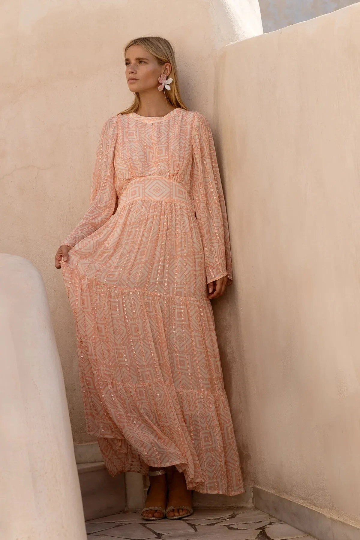 Bali Pink Bell Sleeve Balloon Waisted Maxi Dress