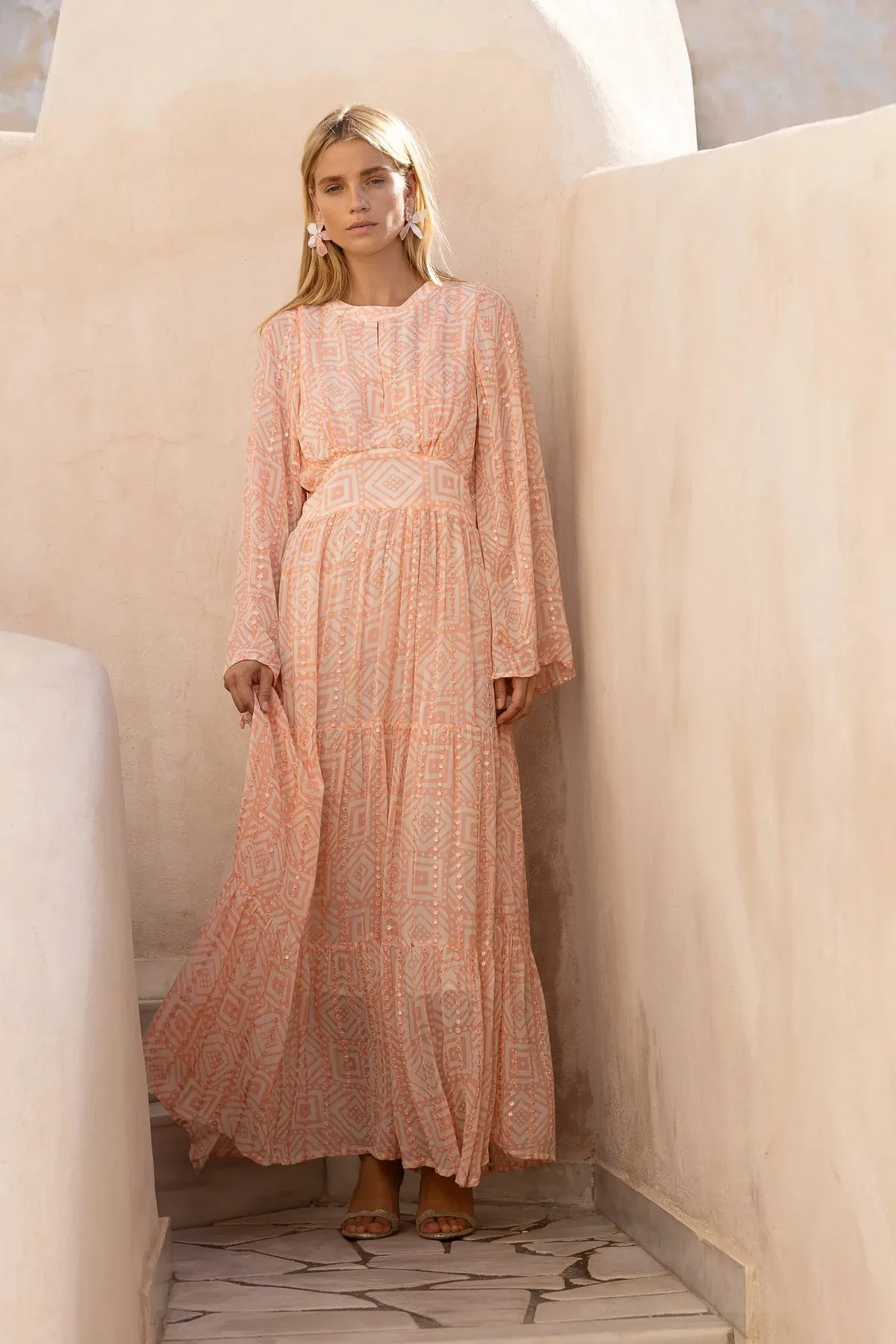 Bali Pink Bell Sleeve Balloon Waisted Maxi Dress