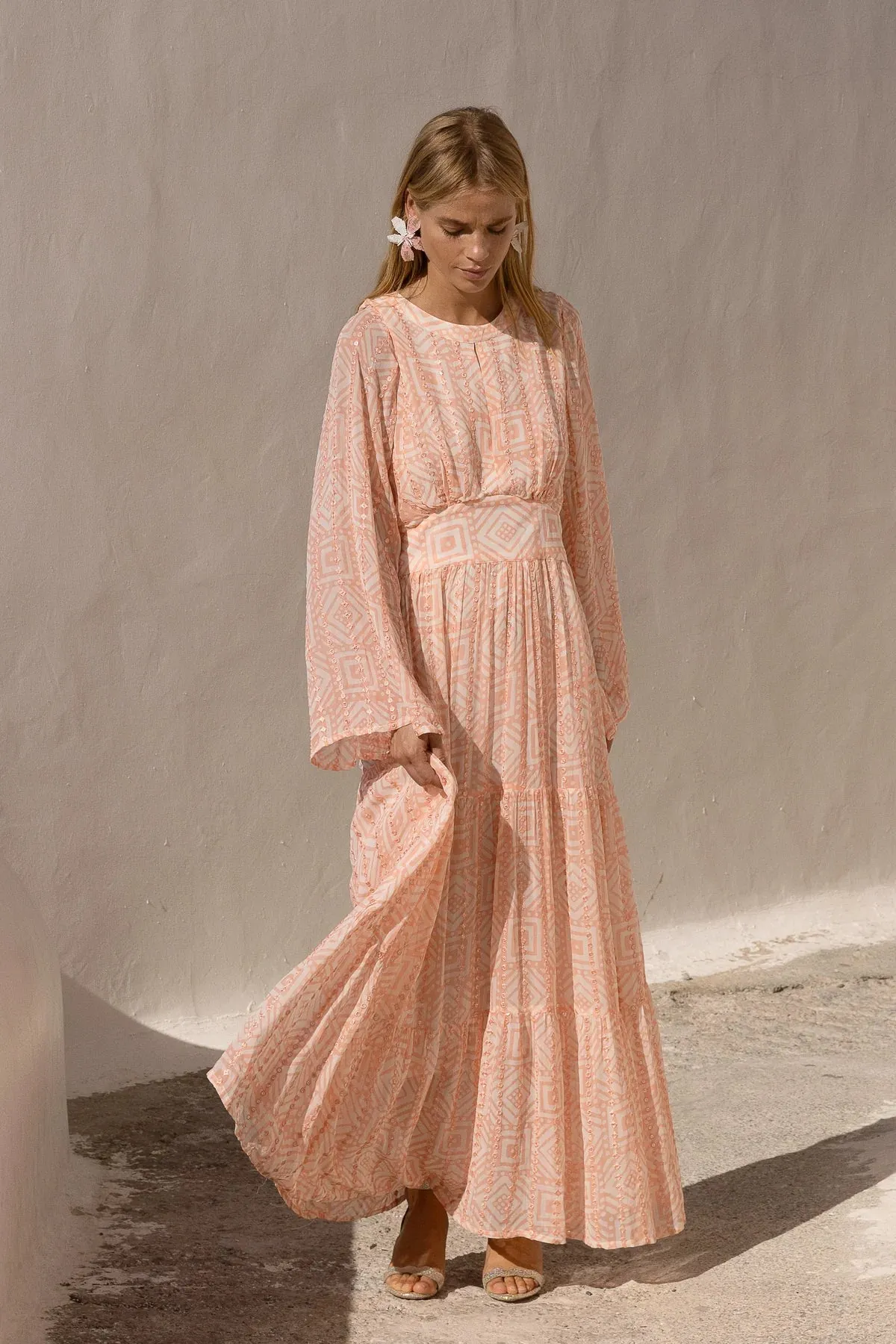 Bali Pink Bell Sleeve Balloon Waisted Maxi Dress