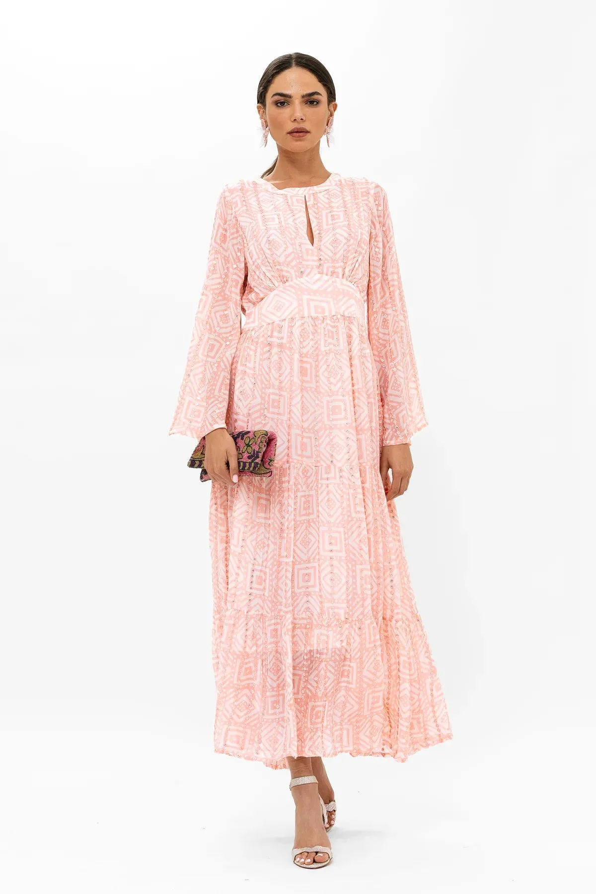 Bali Pink Bell Sleeve Balloon Waisted Maxi Dress