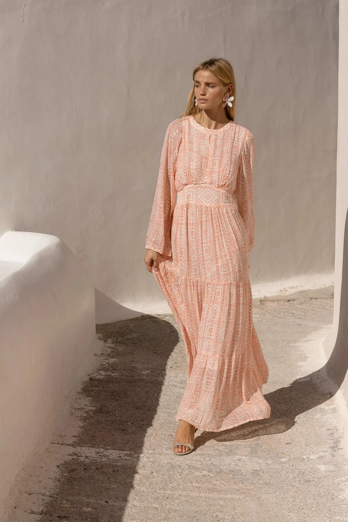 Bali Pink Bell Sleeve Balloon Waisted Maxi Dress