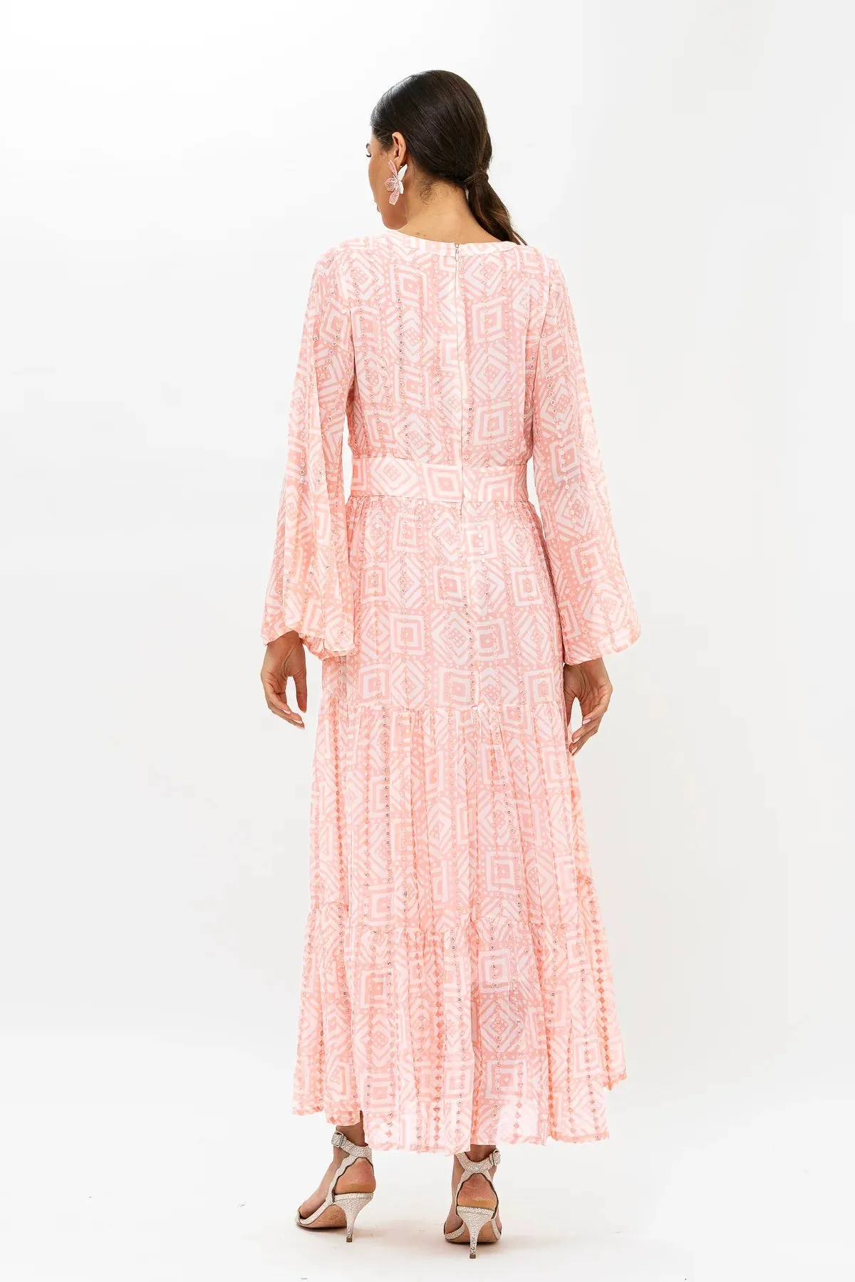 Bali Pink Bell Sleeve Balloon Waisted Maxi Dress