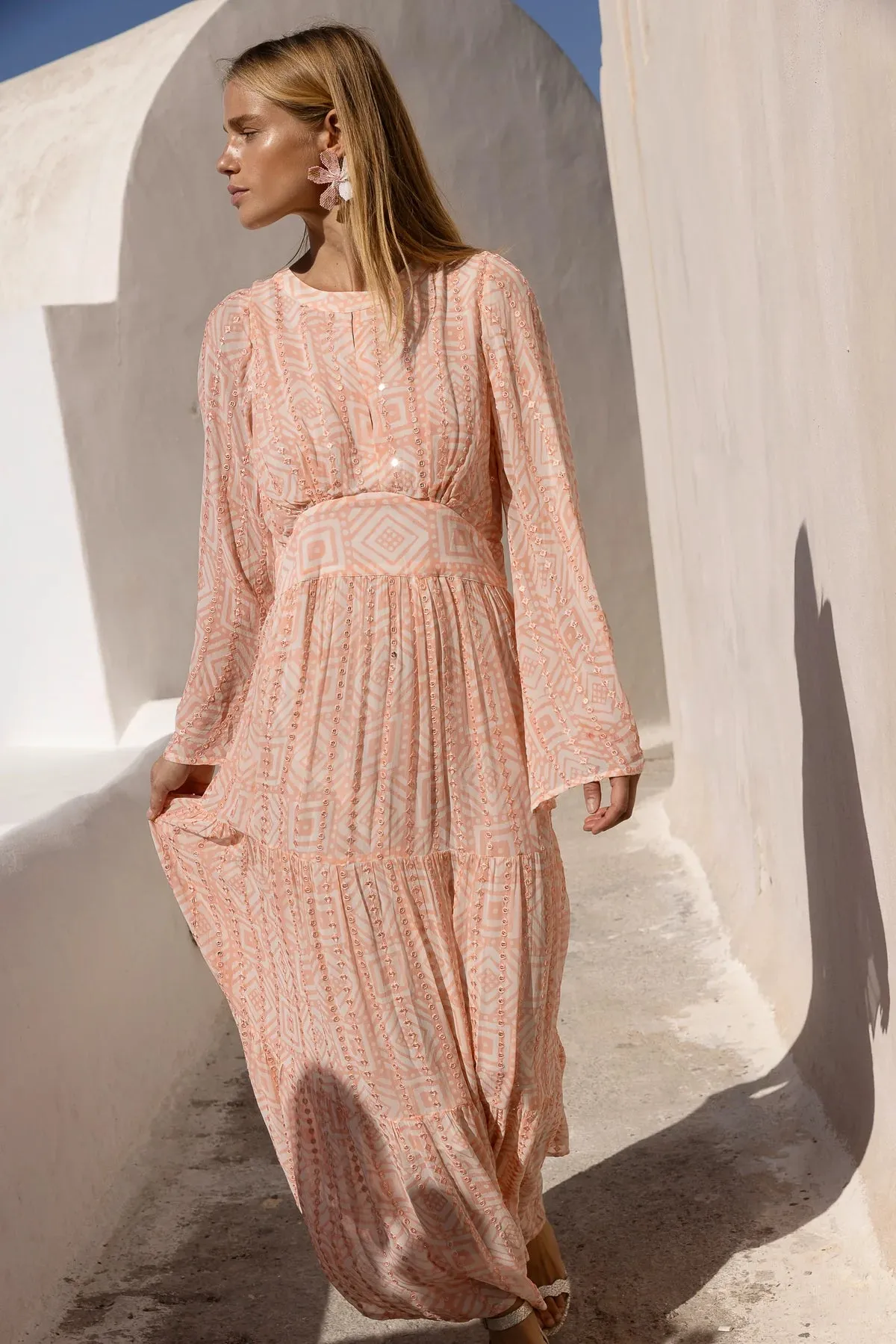 Bali Pink Bell Sleeve Balloon Waisted Maxi Dress