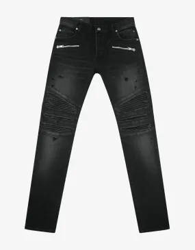 Balmain Black Ribbed Panel Destroyed Slim Biker Jeans