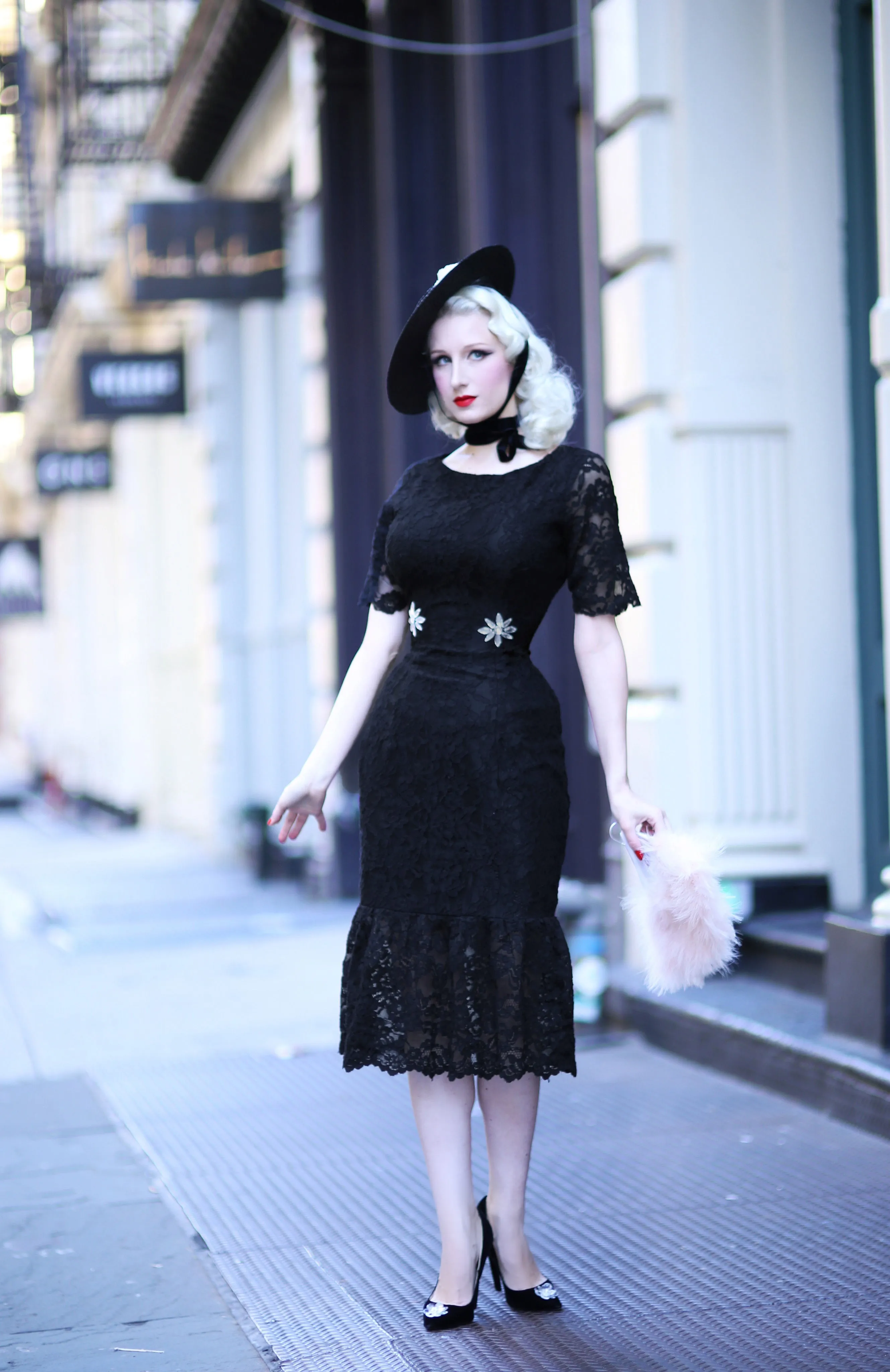 beaded lace dress - black lace with rhinestone beading fishtail