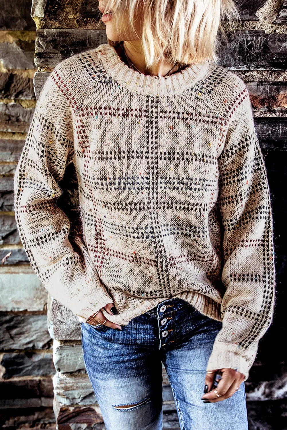 Beige Crew Neck Knitted Pullover Sweater