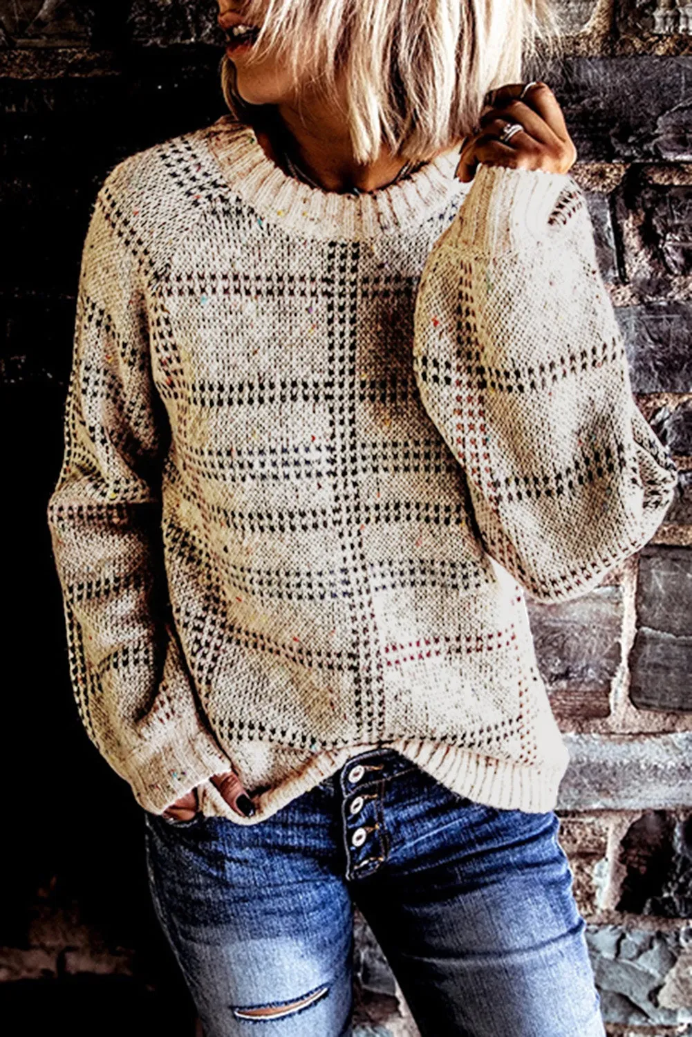 Beige Crew Neck Knitted Pullover Sweater