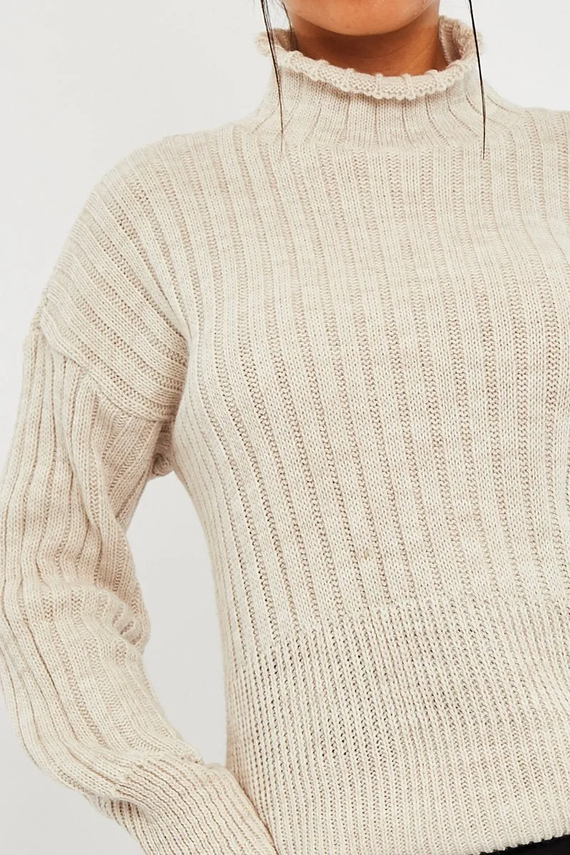 Beige Ribbed Balloon Sleeve Jumper - Jamora