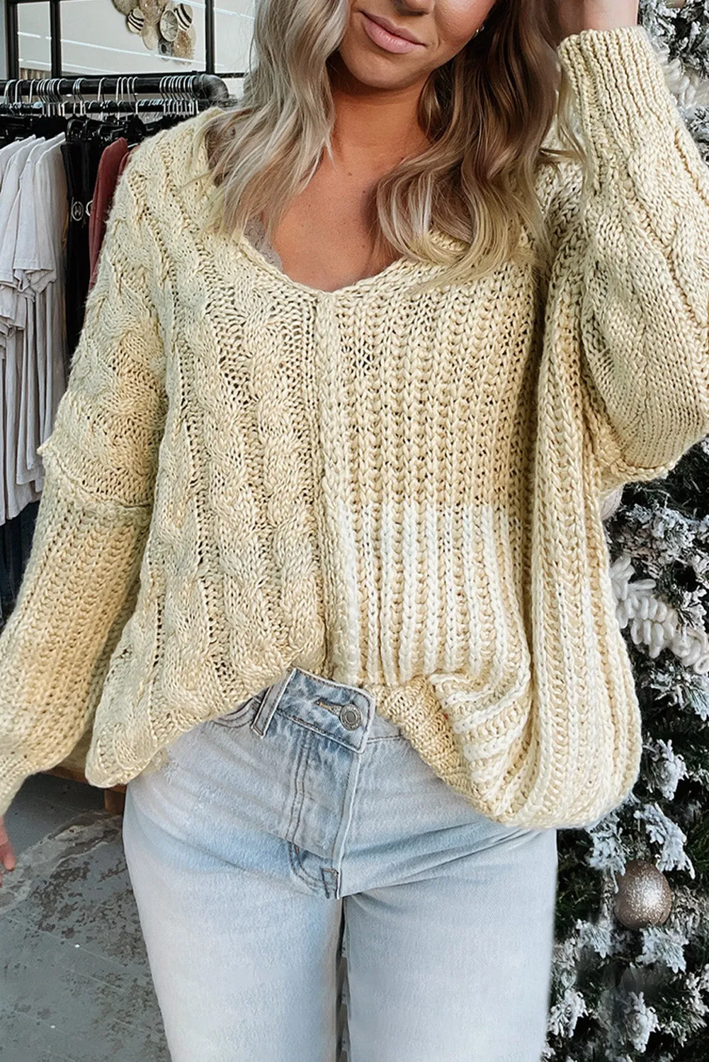 Beige V Neck Loose Knit Winter Sweater