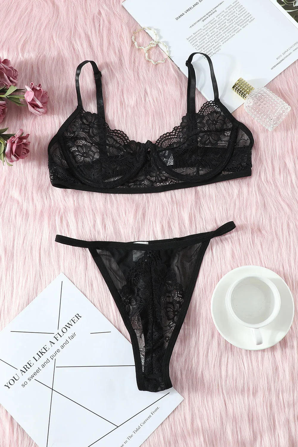 Black Blossom Lacy Strappy Bralette Set