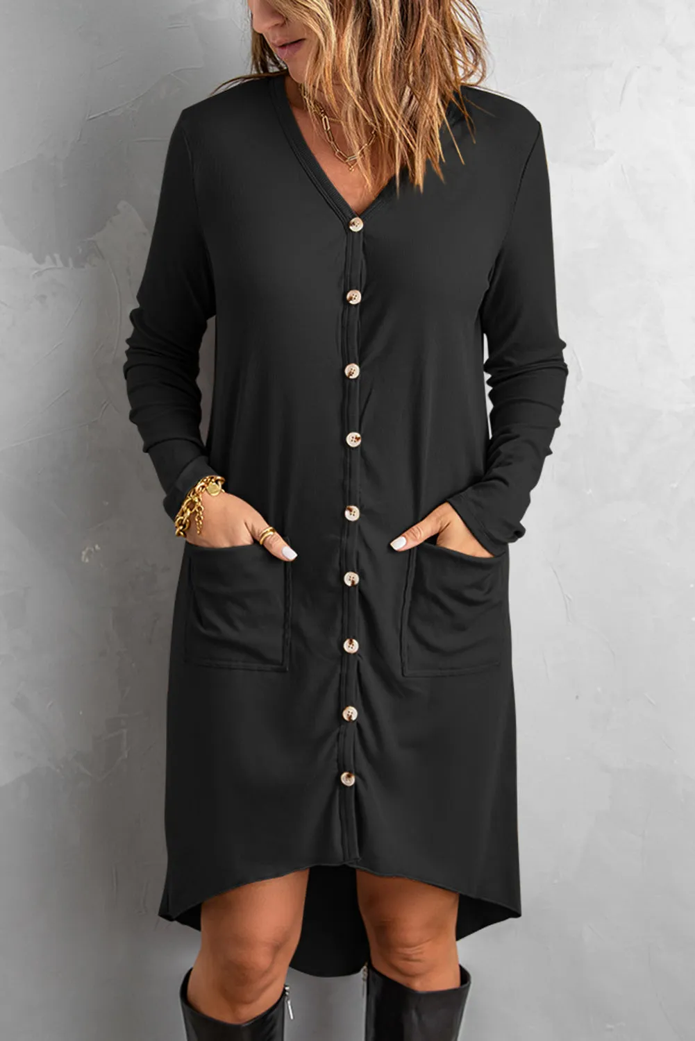 Black Button Down High Low Casual Cardigan