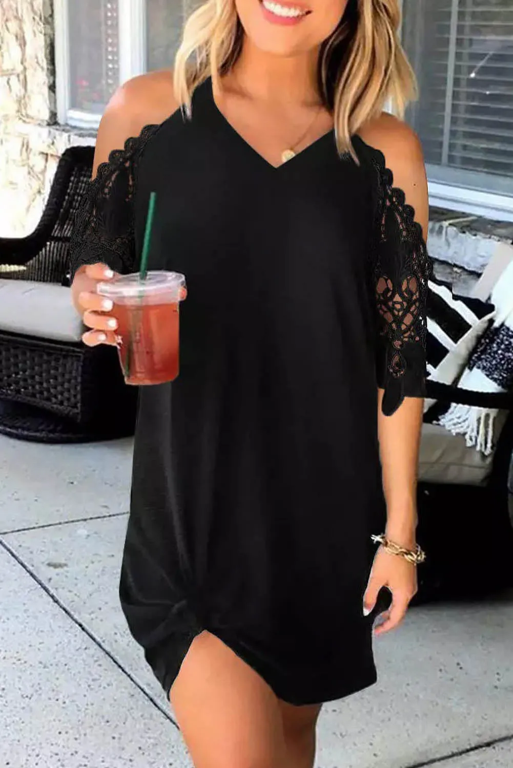 Black Cold Shoulder Lace Mini Dress