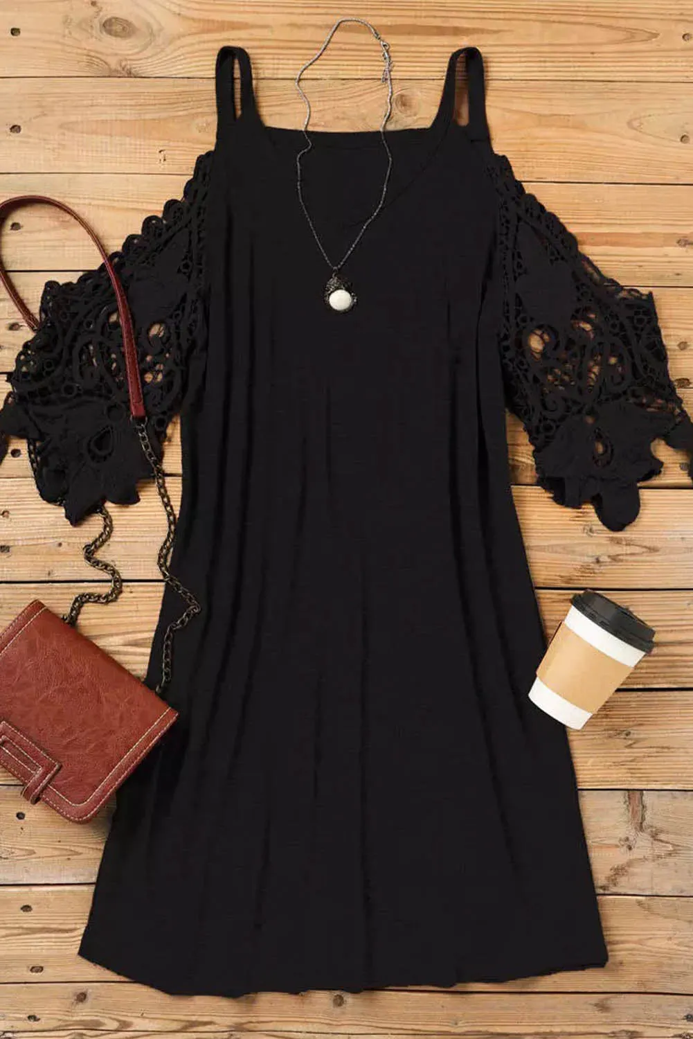 Black Cold Shoulder Lace Mini Dress