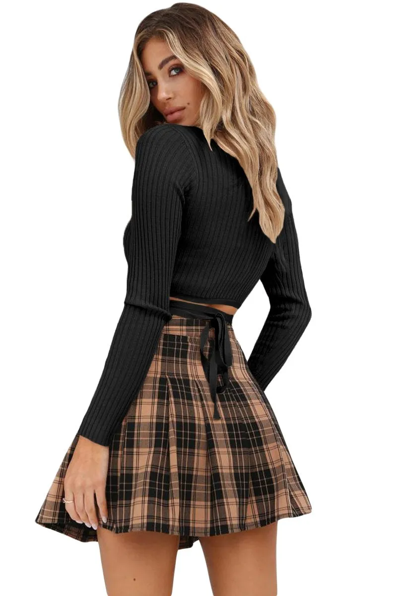 Black Deep Neck Ribbed Wrap Crop Top