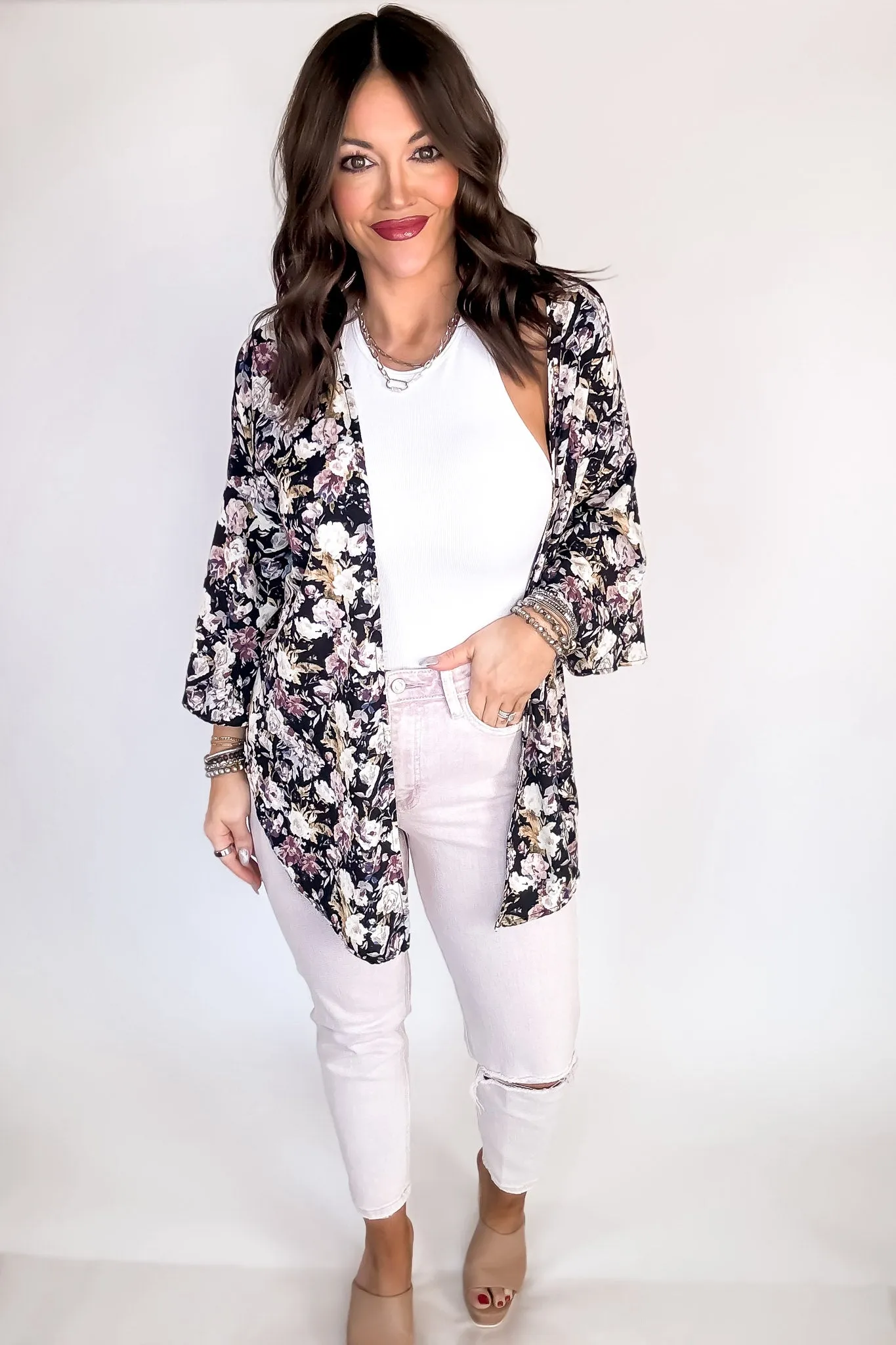 Black Floral Print Bell Sleeve Kimono