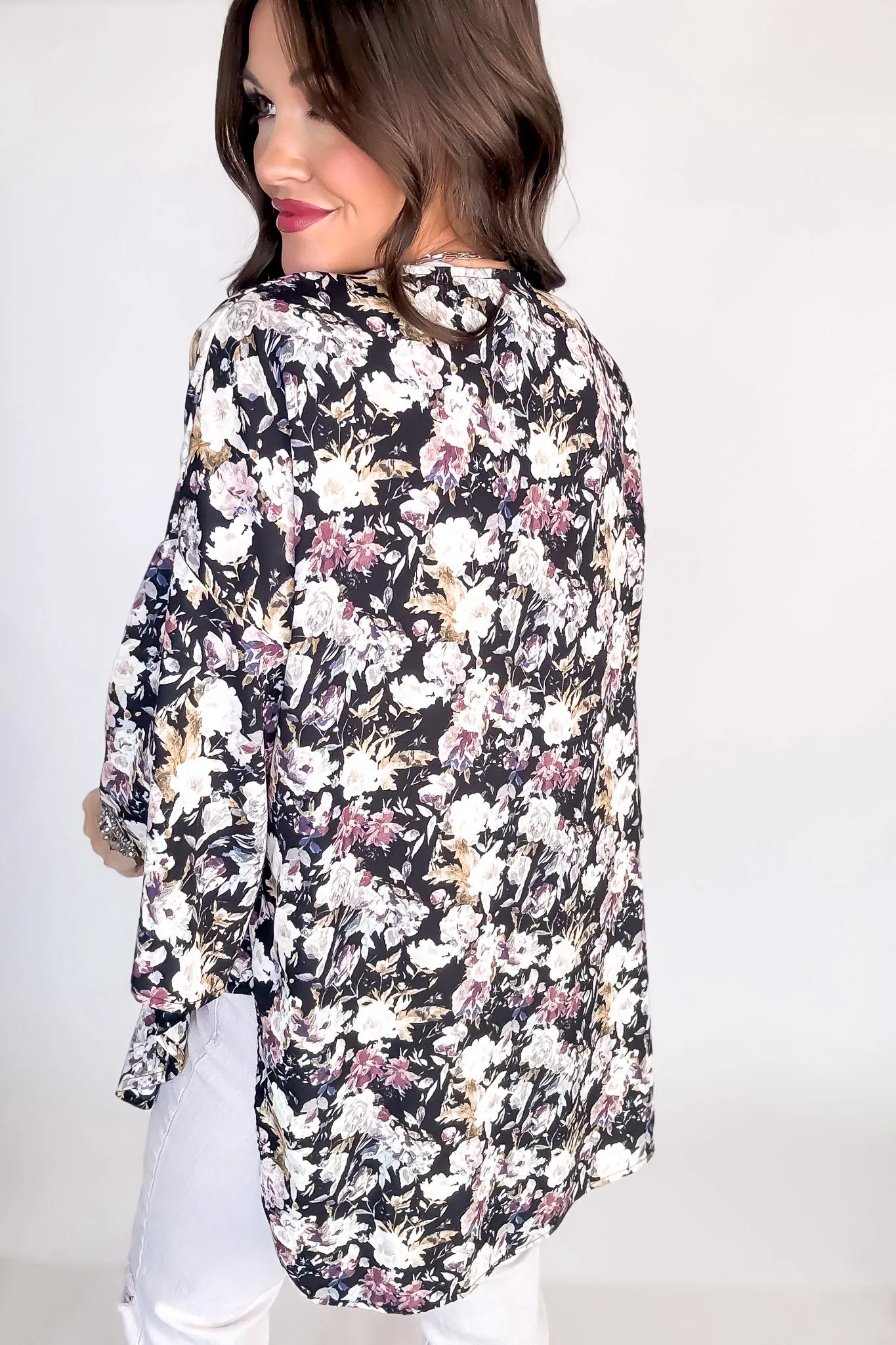 Black Floral Print Bell Sleeve Kimono