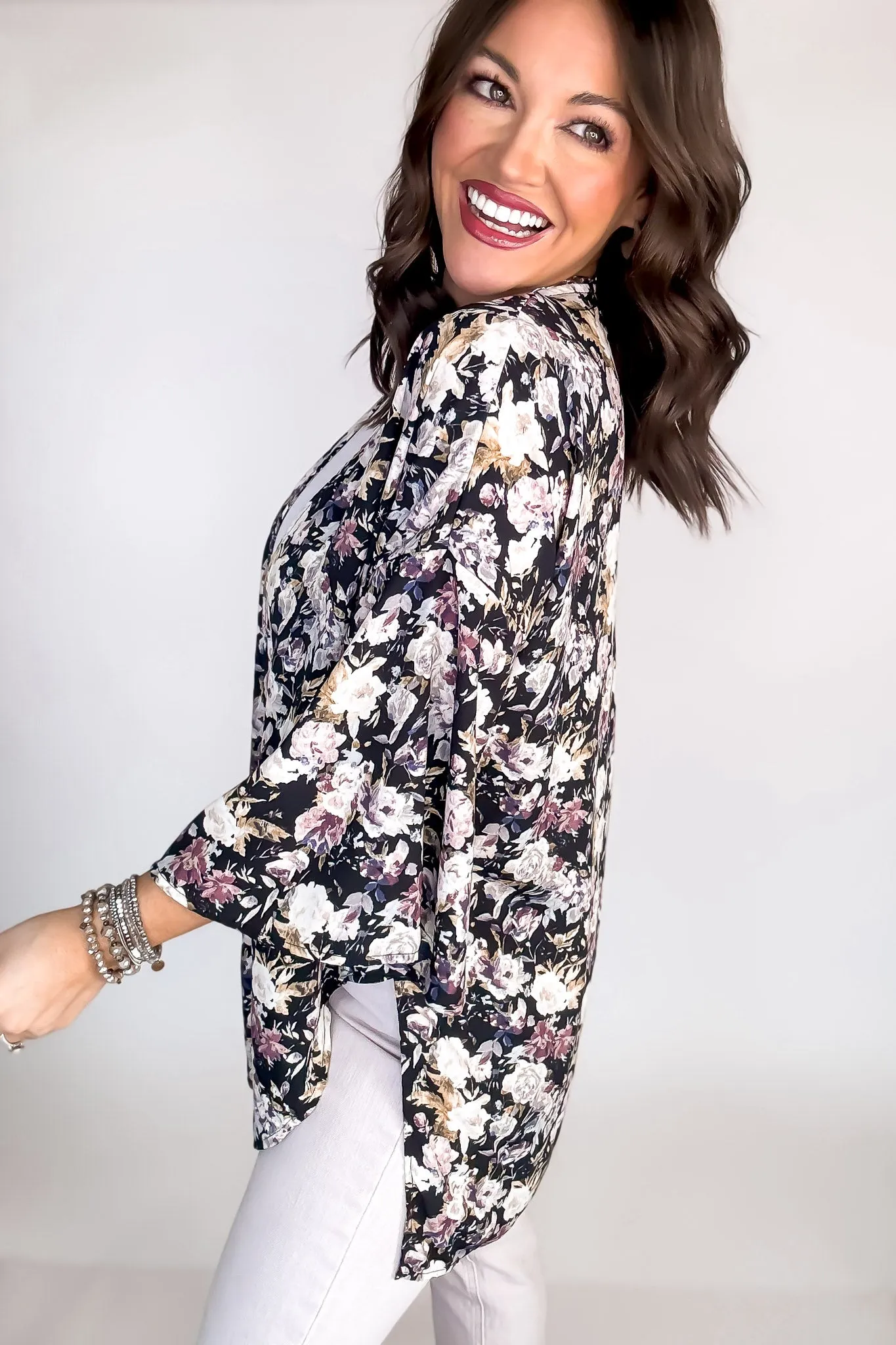 Black Floral Print Bell Sleeve Kimono