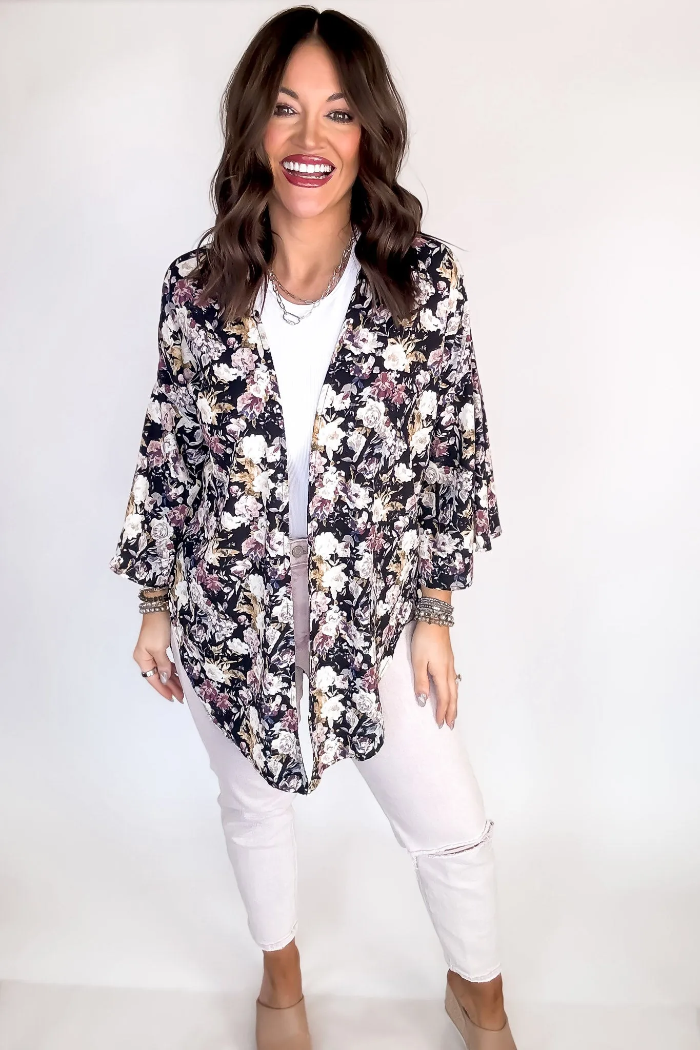 Black Floral Print Bell Sleeve Kimono