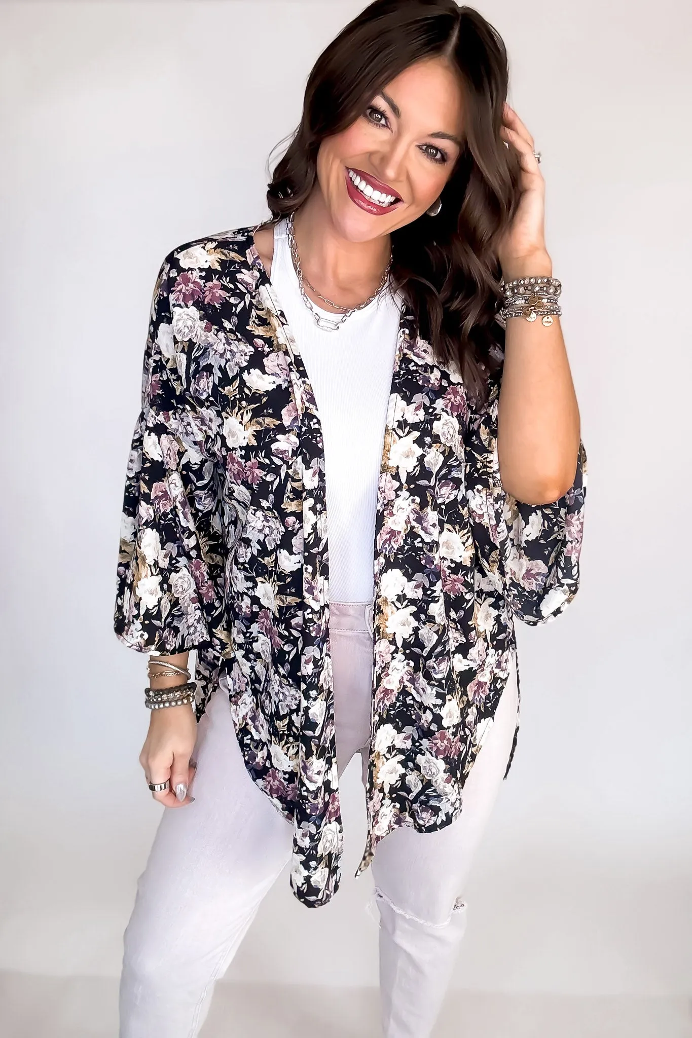 Black Floral Print Bell Sleeve Kimono